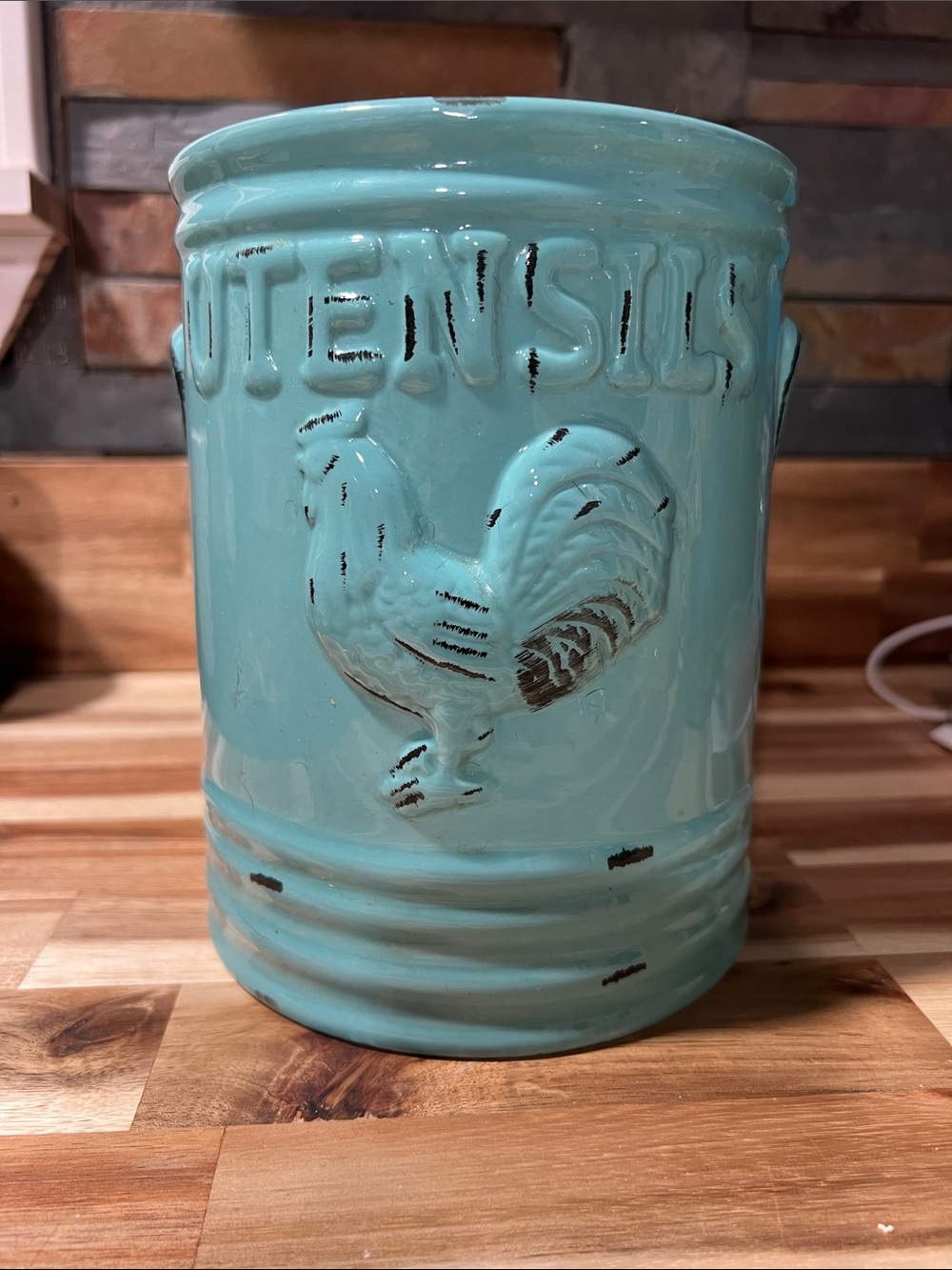 Turquoise Ceramic Utensil Holder with Rooster Motif